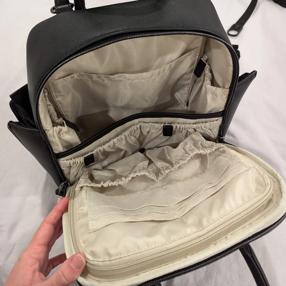 Compact Black Leather Baby Bag with Dual Handles